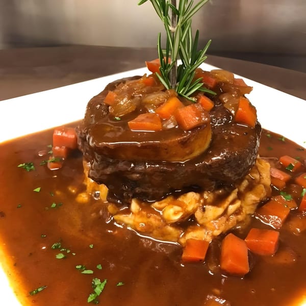 Braised beef with gravy, carrots, onions, and rosemary on a white plate at Schnitzel Haus.