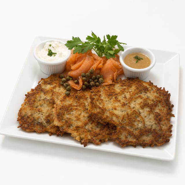 Smoked Salmon with Potato Pancakes.