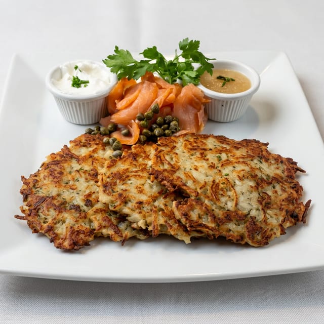 Smoked Salmon with Potato Pancakes.